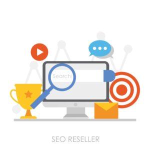Seo reseller banner. Personal computer with increasing graphics, search optimization, goals and success. Vector flat illustration